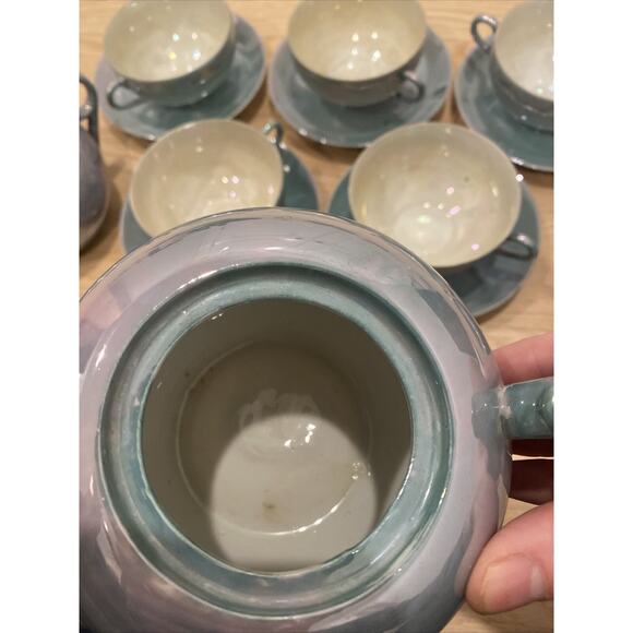 Lusterware Tea Set For 5 - Teapot, Sugar, Creamer, Cups & Saucers Japan Aqua - Picture 4 of 16